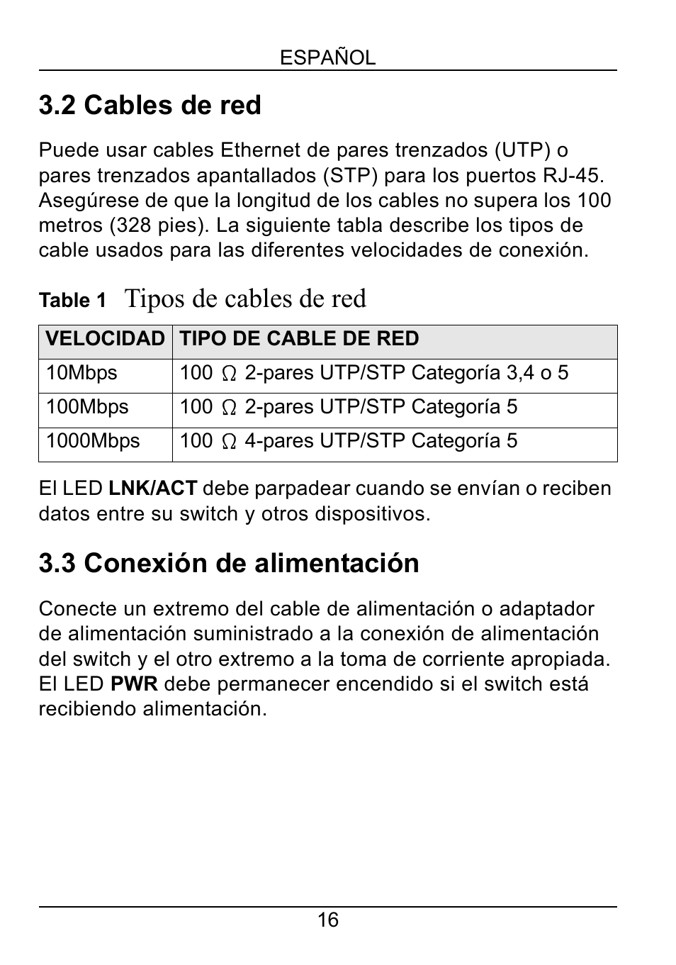 2 cables de red, Tipos de cables de red, 3 conexión de alimentación | ZyXEL Communications ZyXEL Ethernet Switches User Manual | Page 18 / 43