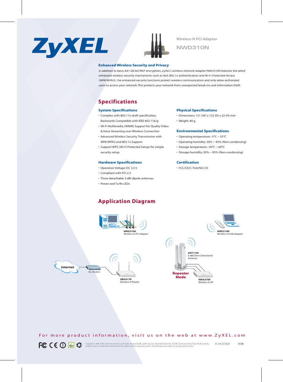 Specifications, Application diagram, Nwd310n | ZyXEL Communications NWD310N User Manual | Page 2 / 2