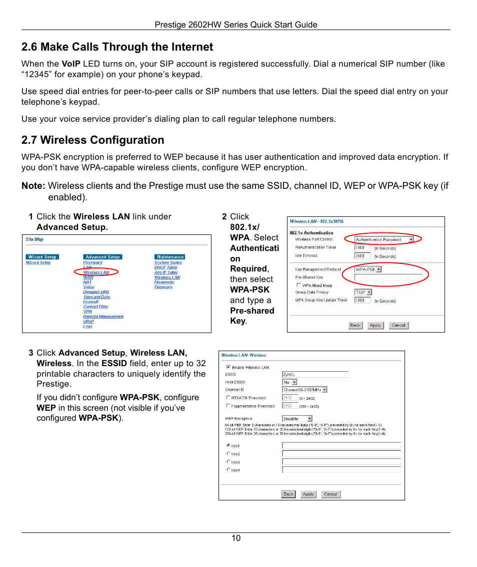 6 make calls through the internet, 7 wireless configuration, 1 click the wireless lan link under advanced setup | Section 2.7 | ZyXEL Communications 2602HW-C User Manual | Page 10 / 13