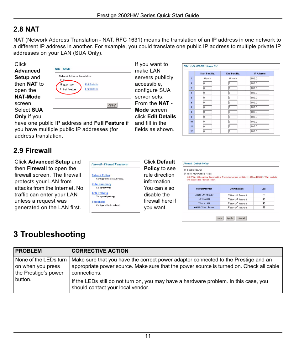 8 nat, 9 firewall, 3 troubleshooting | ZyXEL Communications 2602HW-C User Manual | Page 11 / 13