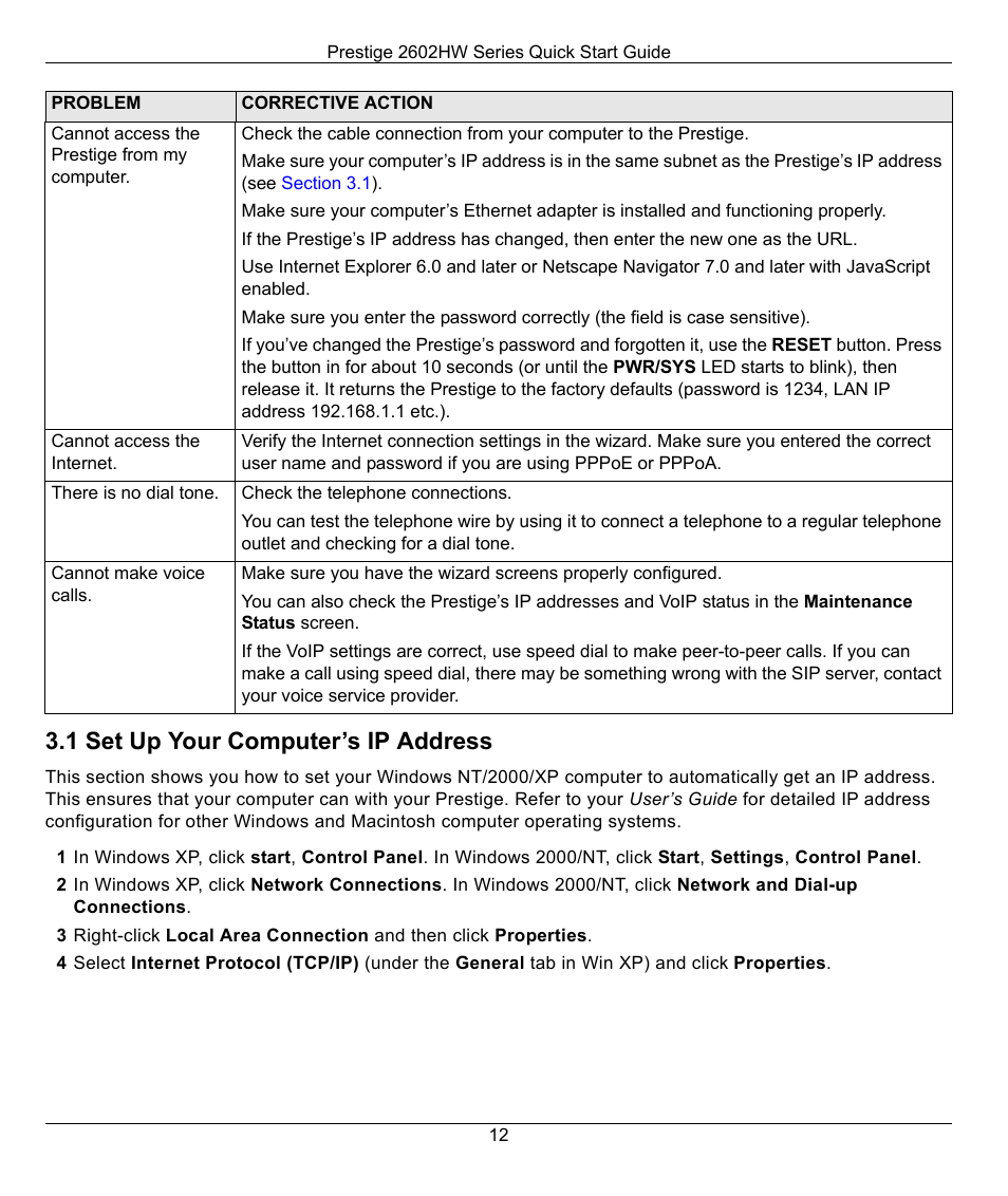 1 set up your computer’s ip address | ZyXEL Communications 2602HW-C User Manual | Page 12 / 13