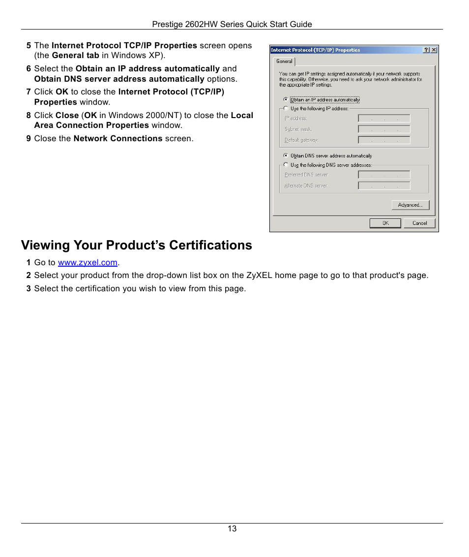 9 close the network connections screen, Viewing your product’s certifications, 1 go to www.zyxel.com | ZyXEL Communications 2602HW-C User Manual | Page 13 / 13