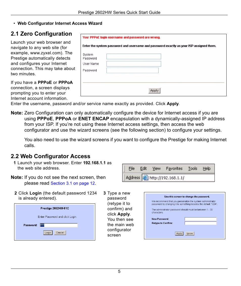 1 zero configuration, 2 web configurator access, Section 2.2 | ZyXEL Communications 2602HW-C User Manual | Page 5 / 13