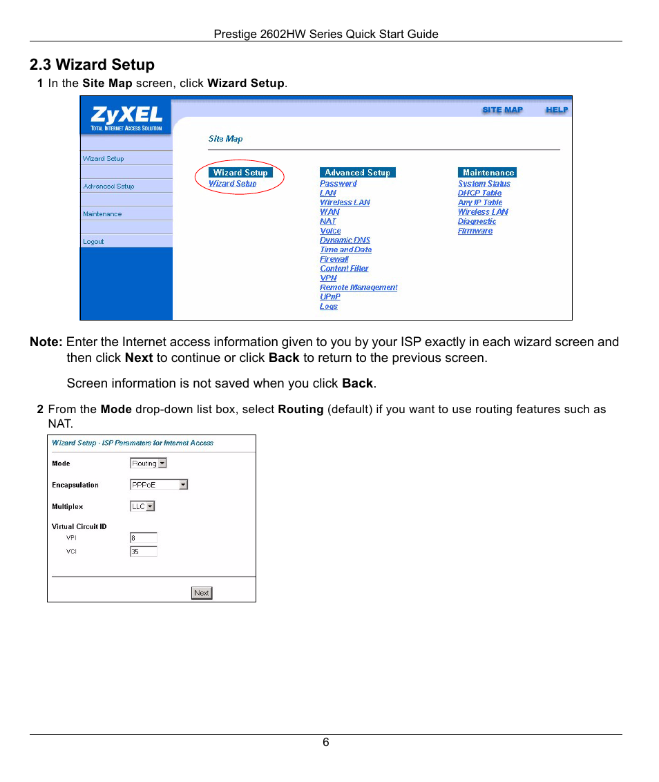 3 wizard setup, 1 in the site map screen, click wizard setup | ZyXEL Communications 2602HW-C User Manual | Page 6 / 13
