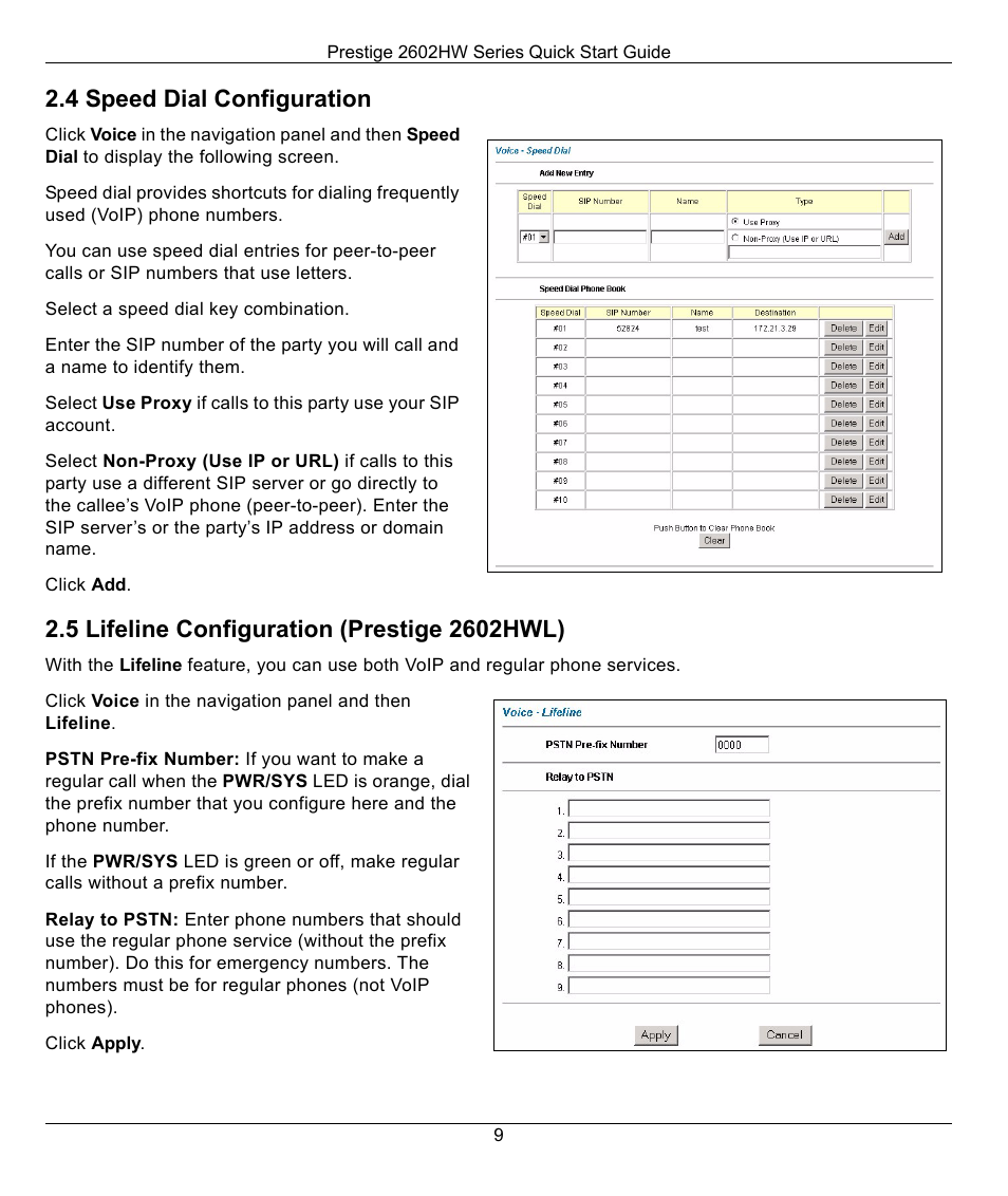 4 speed dial configuration, 5 lifeline configuration (prestige 2602hwl), Section 2.4 | ZyXEL Communications 2602HW-C User Manual | Page 9 / 13