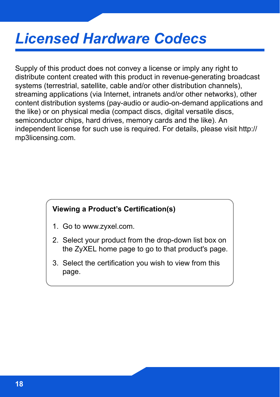 Licensed hardware codecs | ZyXEL Communications STB-1001S2 User Manual | Page 18 / 18