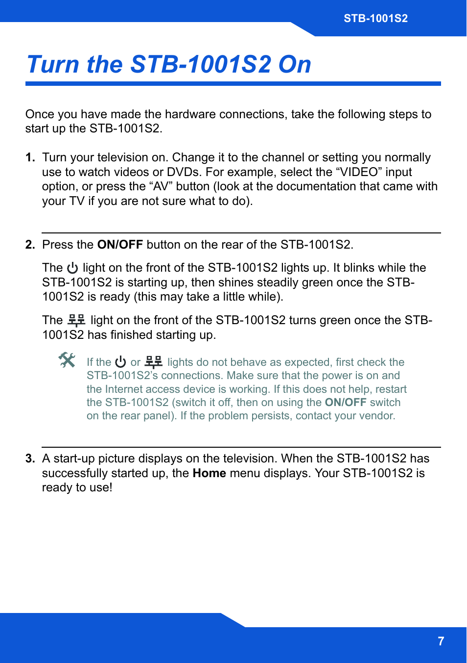 Turn the stb-1001s2 on | ZyXEL Communications STB-1001S2 User Manual | Page 7 / 18
