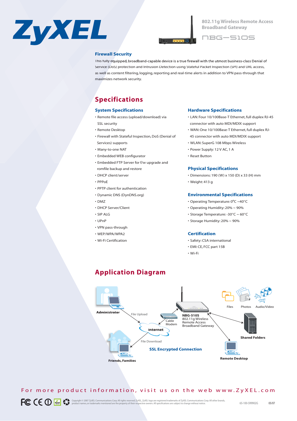 Application diagram specifications | ZyXEL Communications NBG-510S User Manual | Page 2 / 2
