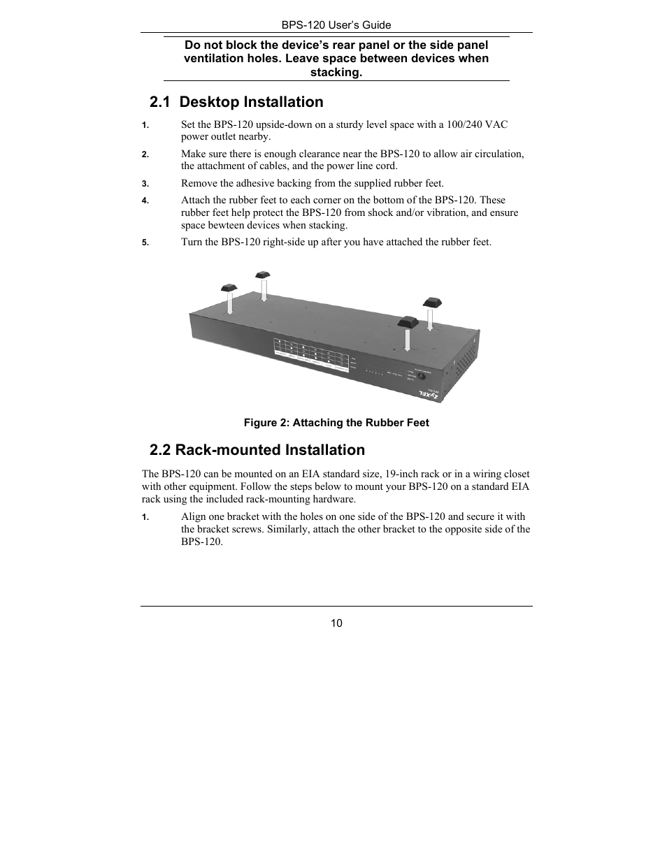 Desktop installation, Rack-mounted installation, 1 desktop installation | 2 rack-mounted installation | ZyXEL Communications BPS-120 User Manual | Page 10 / 20