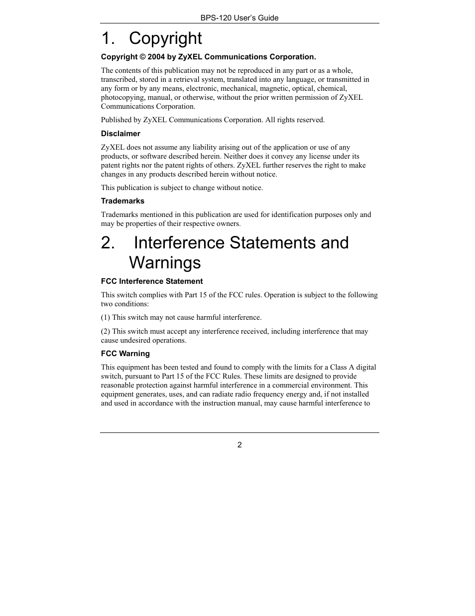Copyright, Interference statements and warnings | ZyXEL Communications BPS-120 User Manual | Page 2 / 20