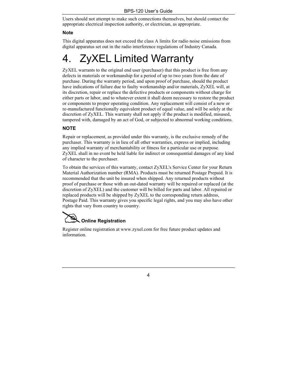 Zyxel limited warranty | ZyXEL Communications BPS-120 User Manual | Page 4 / 20