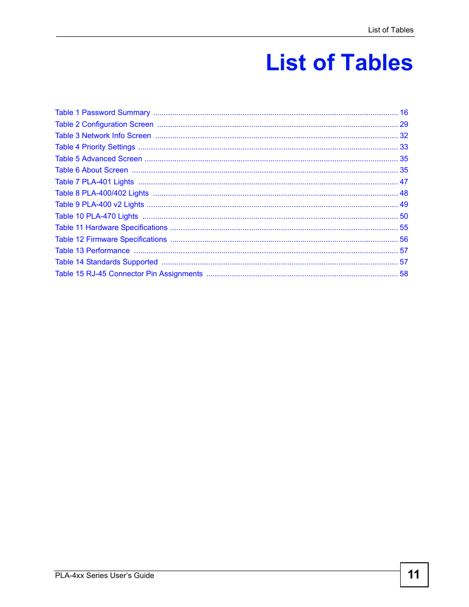 List of tables | ZyXEL Communications PLA-4xx Series User Manual | Page 11 / 70