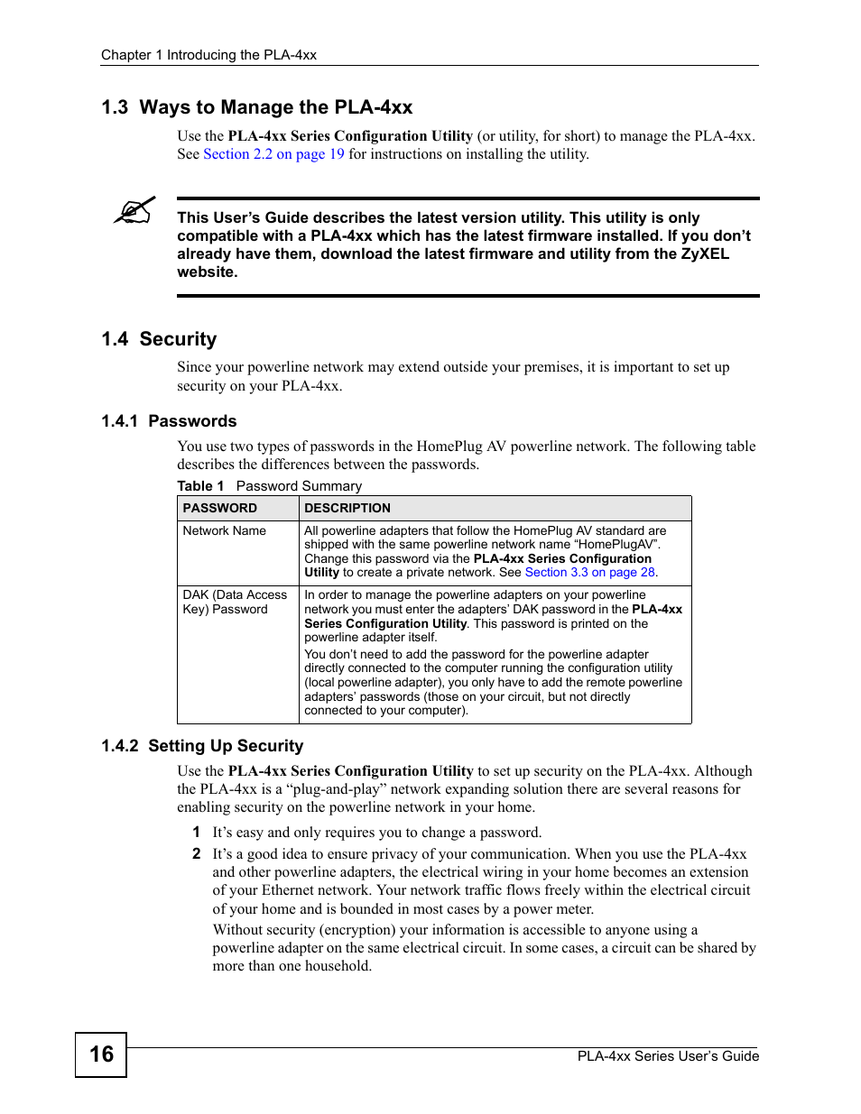 3 ways to manage the pla-4xx, 4 security, 1 passwords | 2 setting up security, 3 ways to manage the pla-4xx 1.4 security, 1 passwords 1.4.2 setting up security, Table 1 password summary | ZyXEL Communications PLA-4xx Series User Manual | Page 16 / 70
