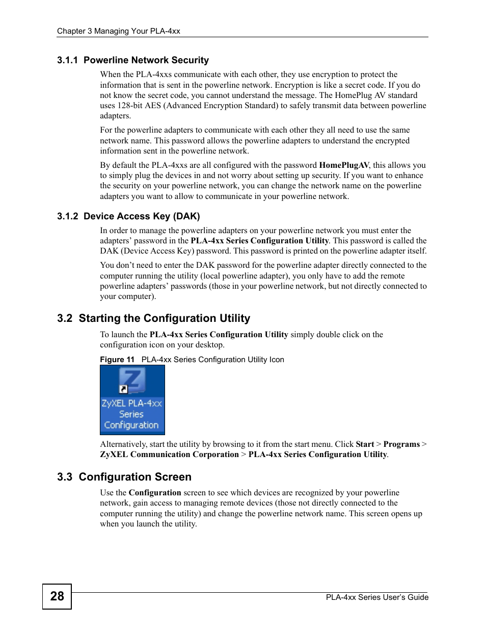 1 powerline network security, 2 device access key (dak), 2 starting the configuration utility | 3 configuration screen | ZyXEL Communications PLA-4xx Series User Manual | Page 28 / 70