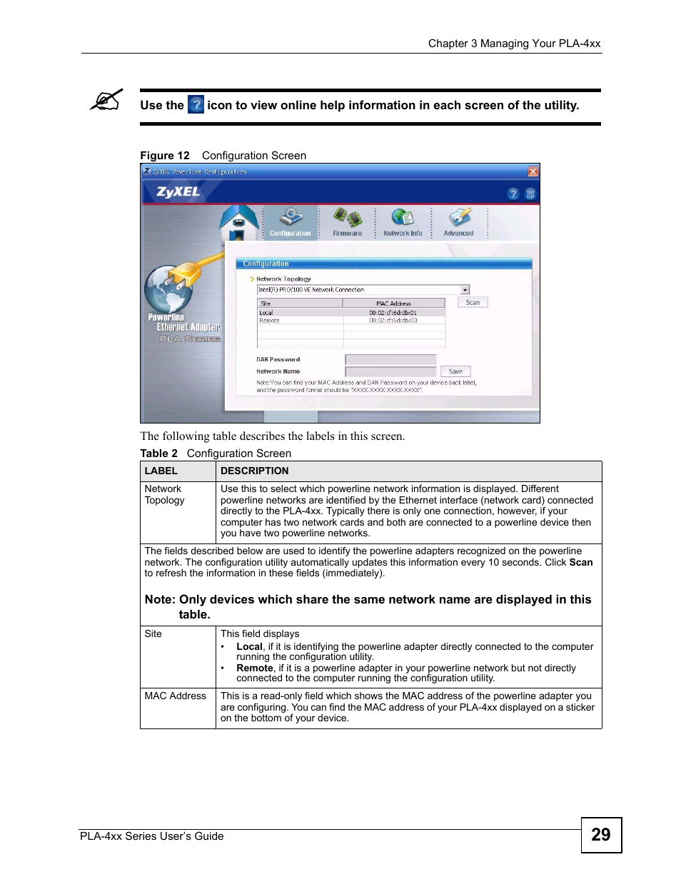 Figure 12 configuration screen, Table 2 configuration screen | ZyXEL Communications PLA-4xx Series User Manual | Page 29 / 70