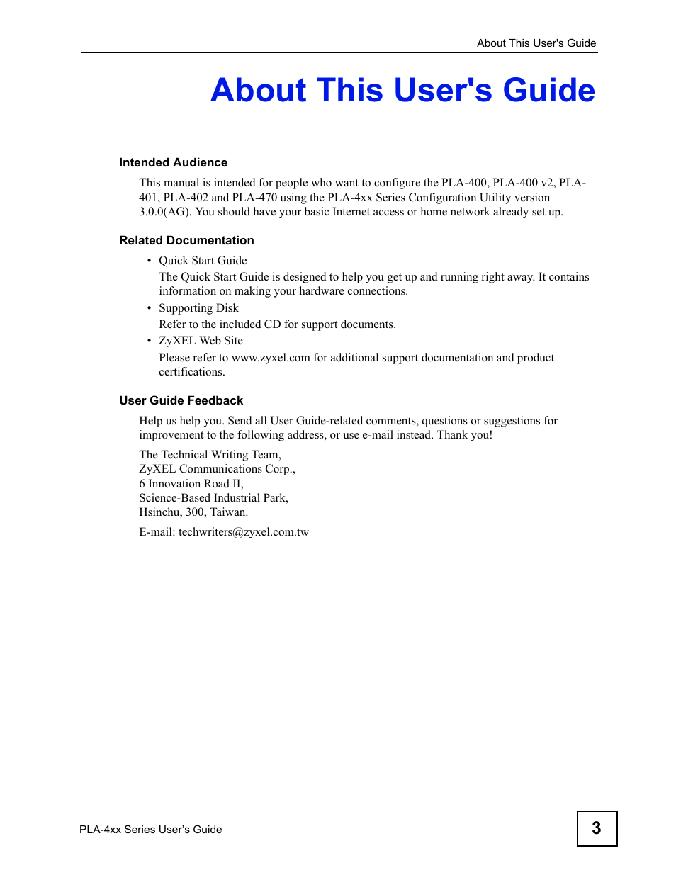 About this user's guide | ZyXEL Communications PLA-4xx Series User Manual | Page 3 / 70