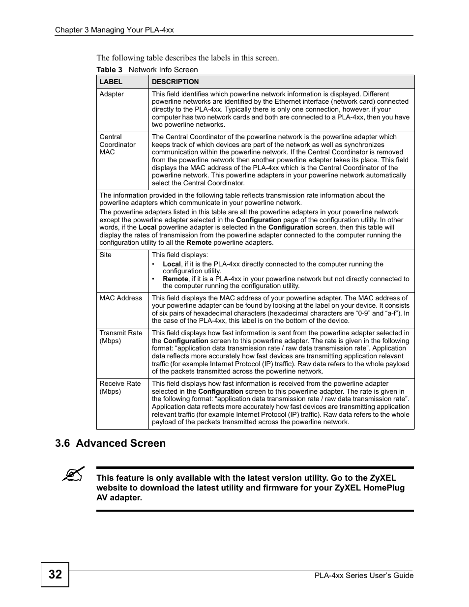6 advanced screen, Table 3 network info screen | ZyXEL Communications PLA-4xx Series User Manual | Page 32 / 70