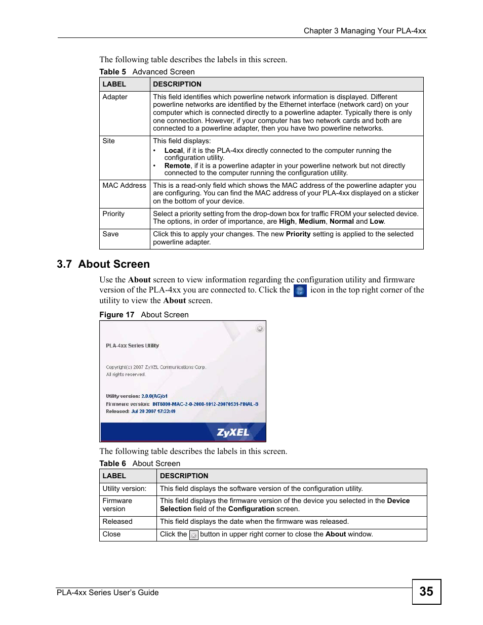 7 about screen, Figure 17 about screen, Table 5 advanced screen table 6 about screen | ZyXEL Communications PLA-4xx Series User Manual | Page 35 / 70