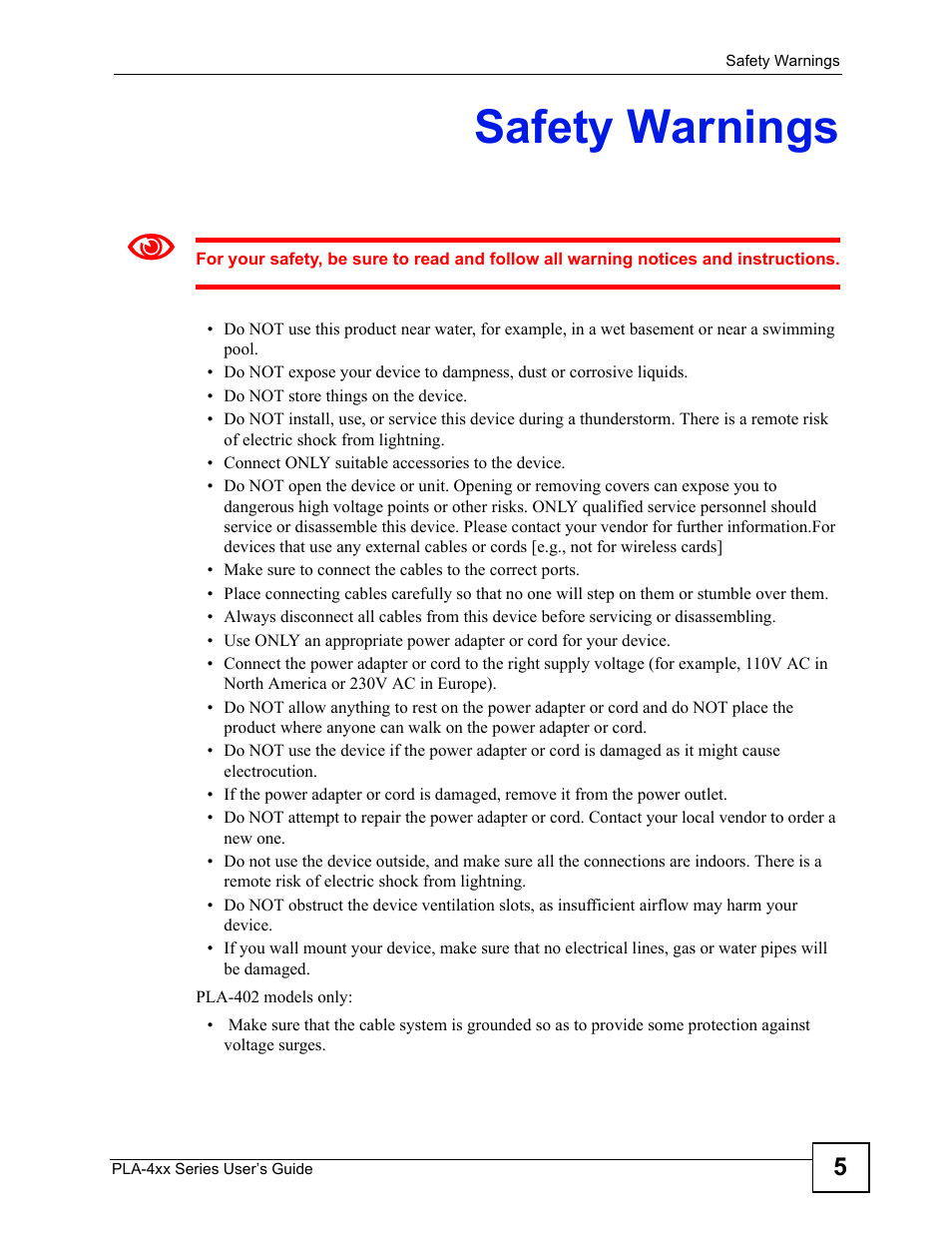 Safety warnings | ZyXEL Communications PLA-4xx Series User Manual | Page 5 / 70