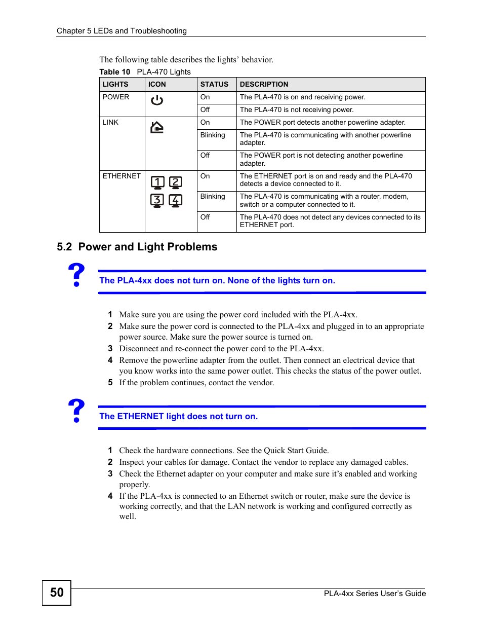 2 power and light problems, Table 10 pla-470 lights | ZyXEL Communications PLA-4xx Series User Manual | Page 50 / 70