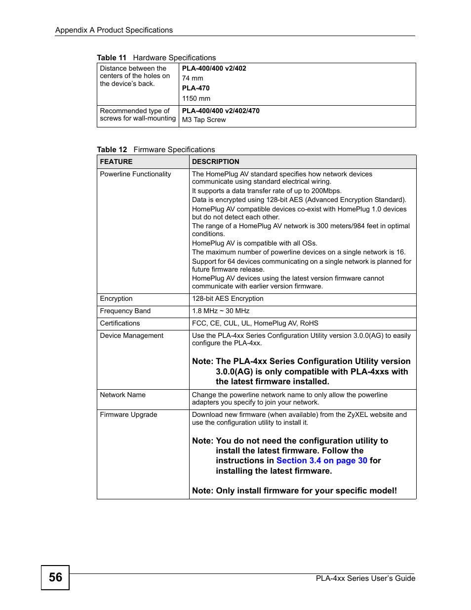 Table 12 firmware specifications | ZyXEL Communications PLA-4xx Series User Manual | Page 56 / 70