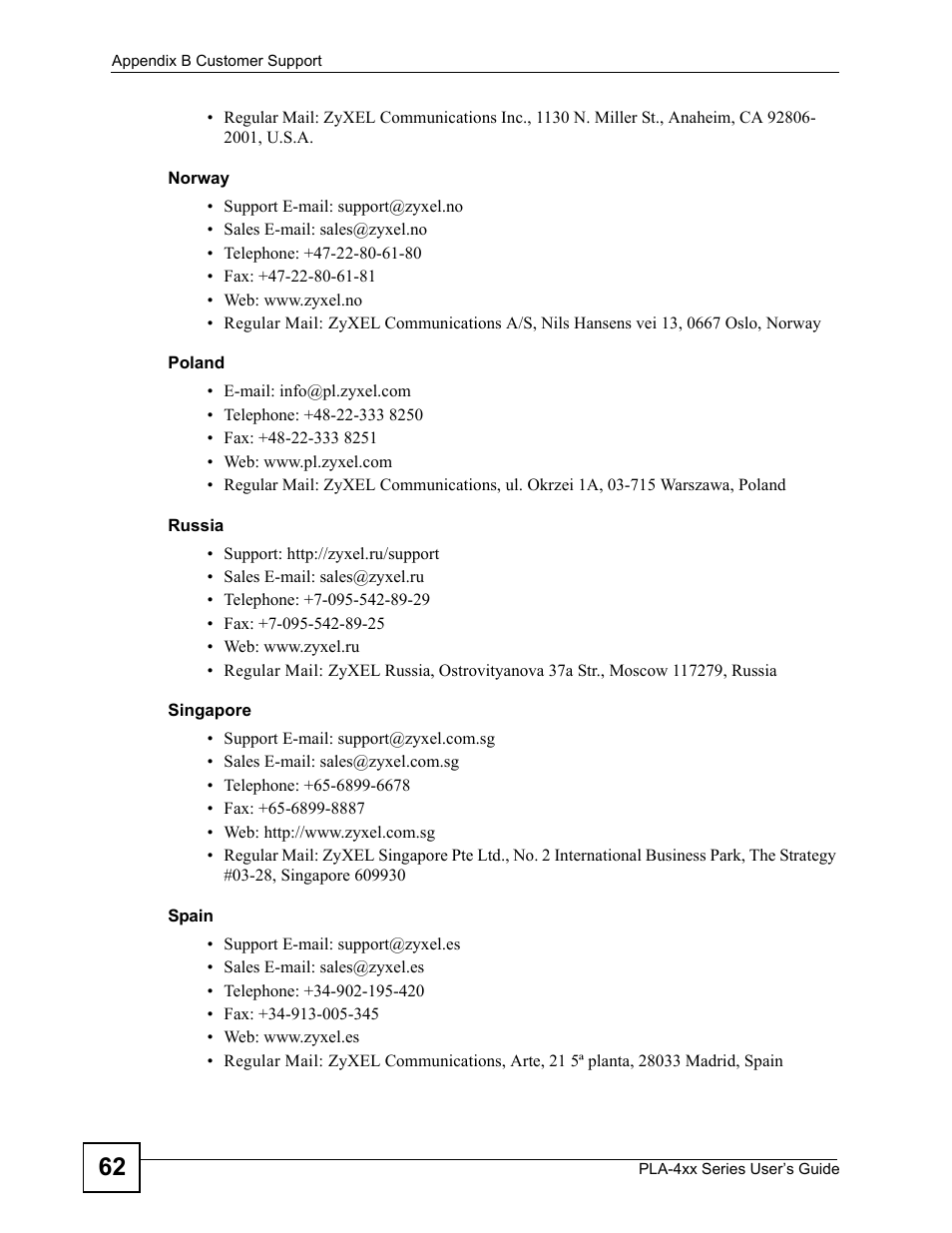ZyXEL Communications PLA-4xx Series User Manual | Page 62 / 70