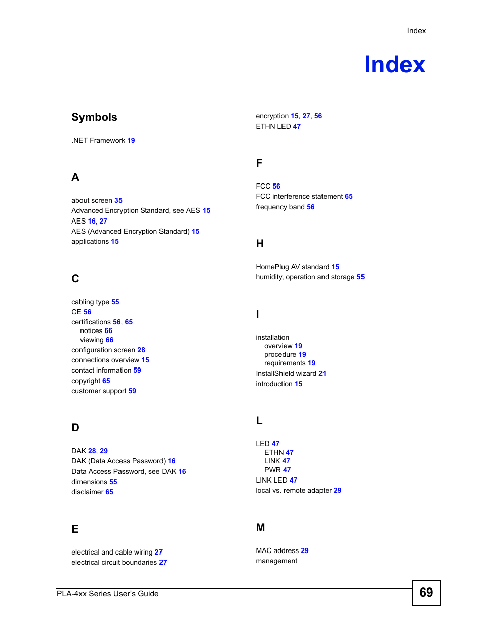 Index, Index (69), Symbols | ZyXEL Communications PLA-4xx Series User Manual | Page 69 / 70