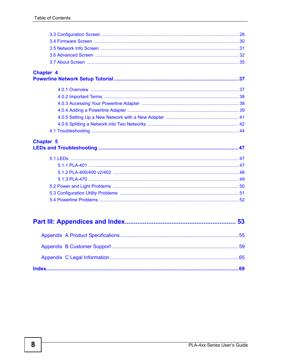 Part iii: appendices and index | ZyXEL Communications PLA-4xx Series User Manual | Page 8 / 70
