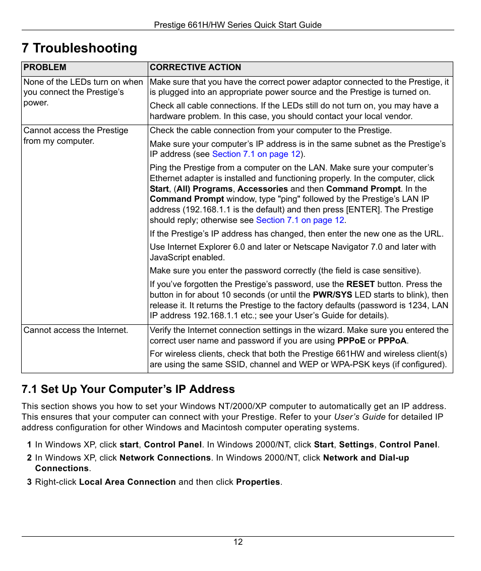 7 troubleshooting, 1 set up your computer’s ip address | ZyXEL Communications Prestige 661H Series User Manual | Page 12 / 13