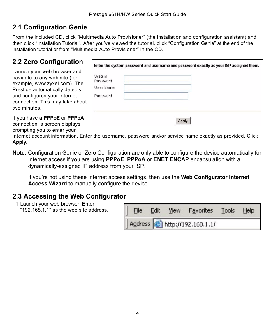 1 configuration genie, 2 zero configuration, 3 accessing the web configurator | ZyXEL Communications Prestige 661H Series User Manual | Page 4 / 13