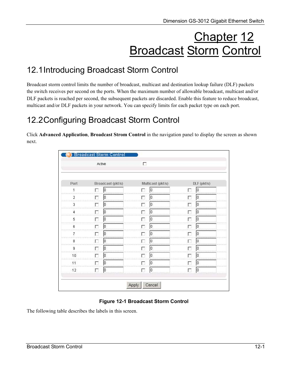 Chapter 12 broadcast storm control, 1 introducing broadcast storm control, 2 configuring broadcast storm control | ZyXEL Communications GS-3012 User Manual | Page 103 / 234