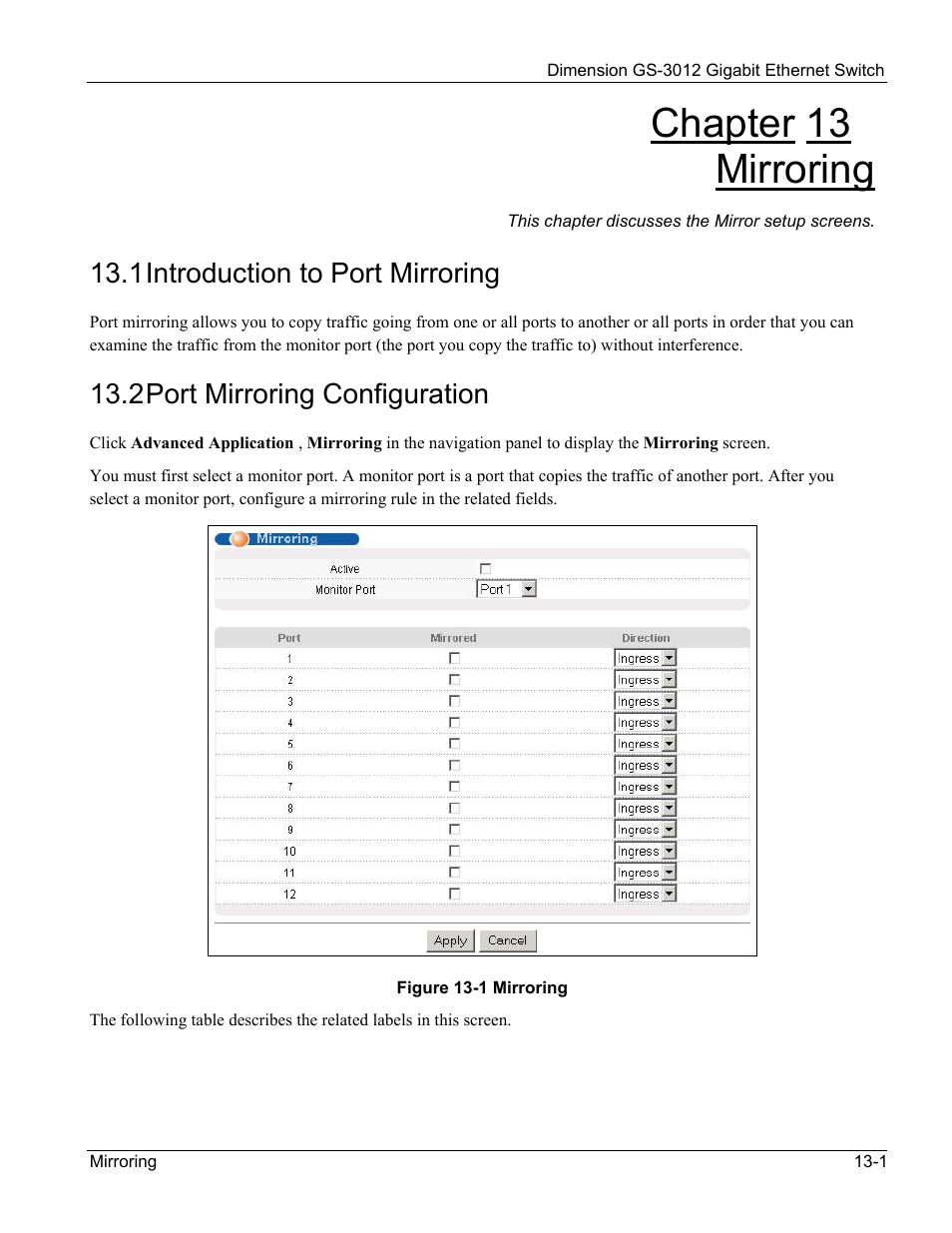 Chapter 13 mirroring, 1 introduction to port mirroring, 2 port mirroring configuration | ZyXEL Communications GS-3012 User Manual | Page 105 / 234