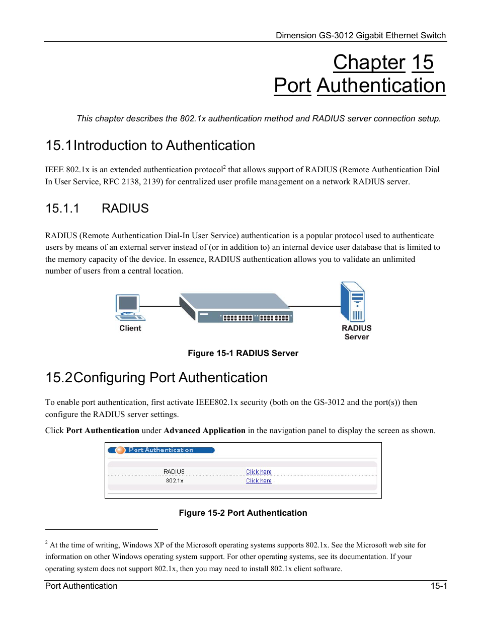 Radius, Chapter 15 port authentication, 1 introduction to authentication | 2 configuring port authentication, 1 radius | ZyXEL Communications GS-3012 User Manual | Page 113 / 234