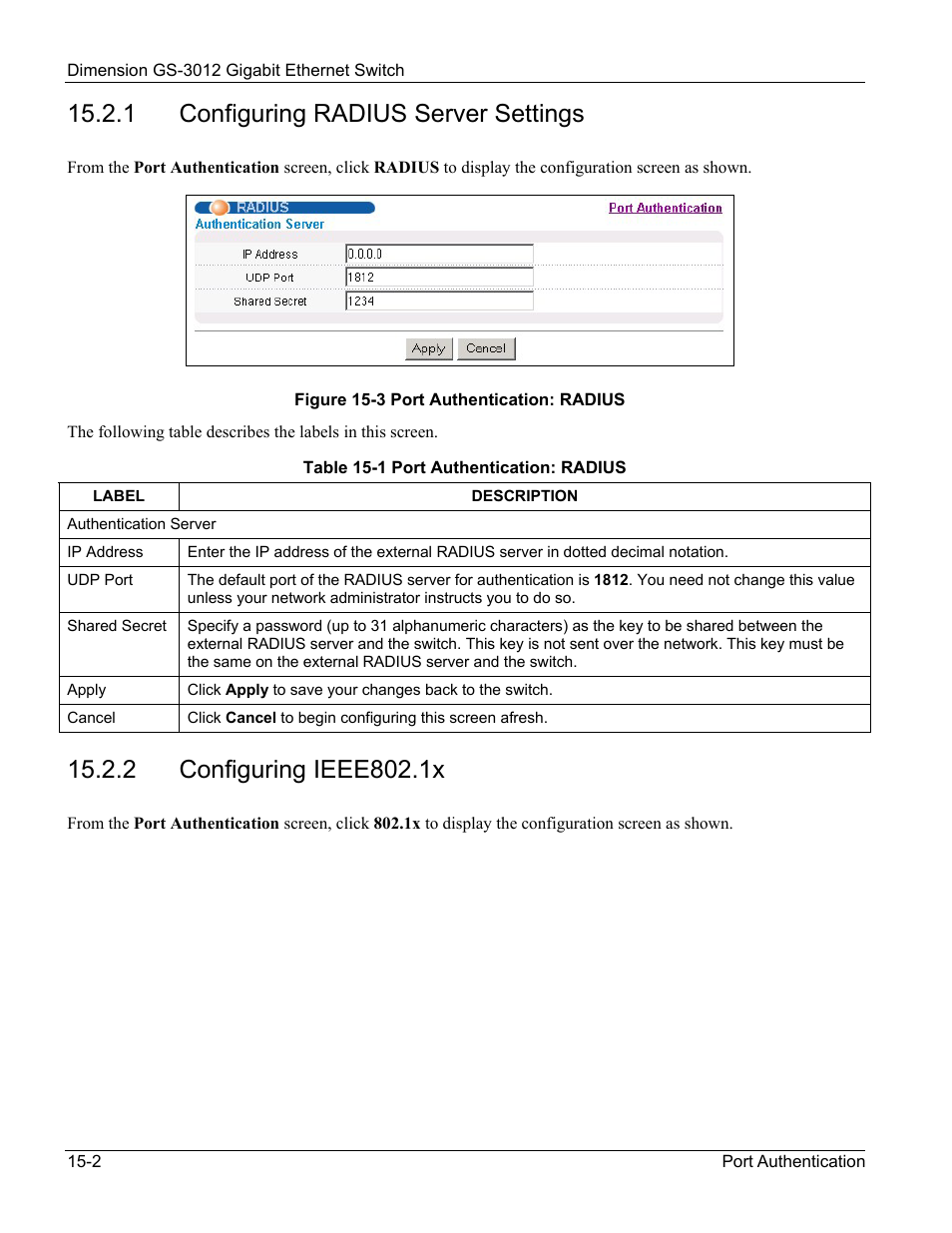Configuring radius server settings, Configuring ieee802.1x, 1 configuring radius server settings | ZyXEL Communications GS-3012 User Manual | Page 114 / 234