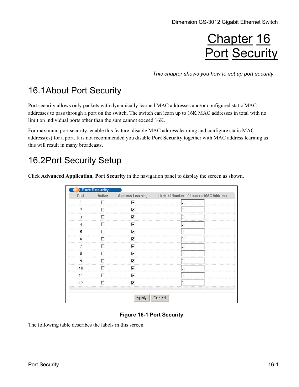Chapter 16 port security, 1 about port security, 2 port security setup | ZyXEL Communications GS-3012 User Manual | Page 117 / 234