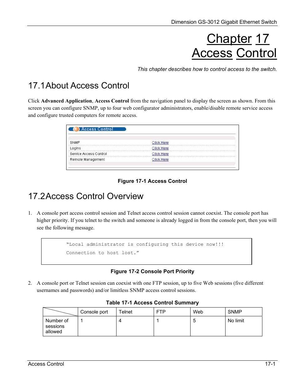 Chapter 17 access control, 1 about access control, 2 access control overview | ZyXEL Communications GS-3012 User Manual | Page 119 / 234