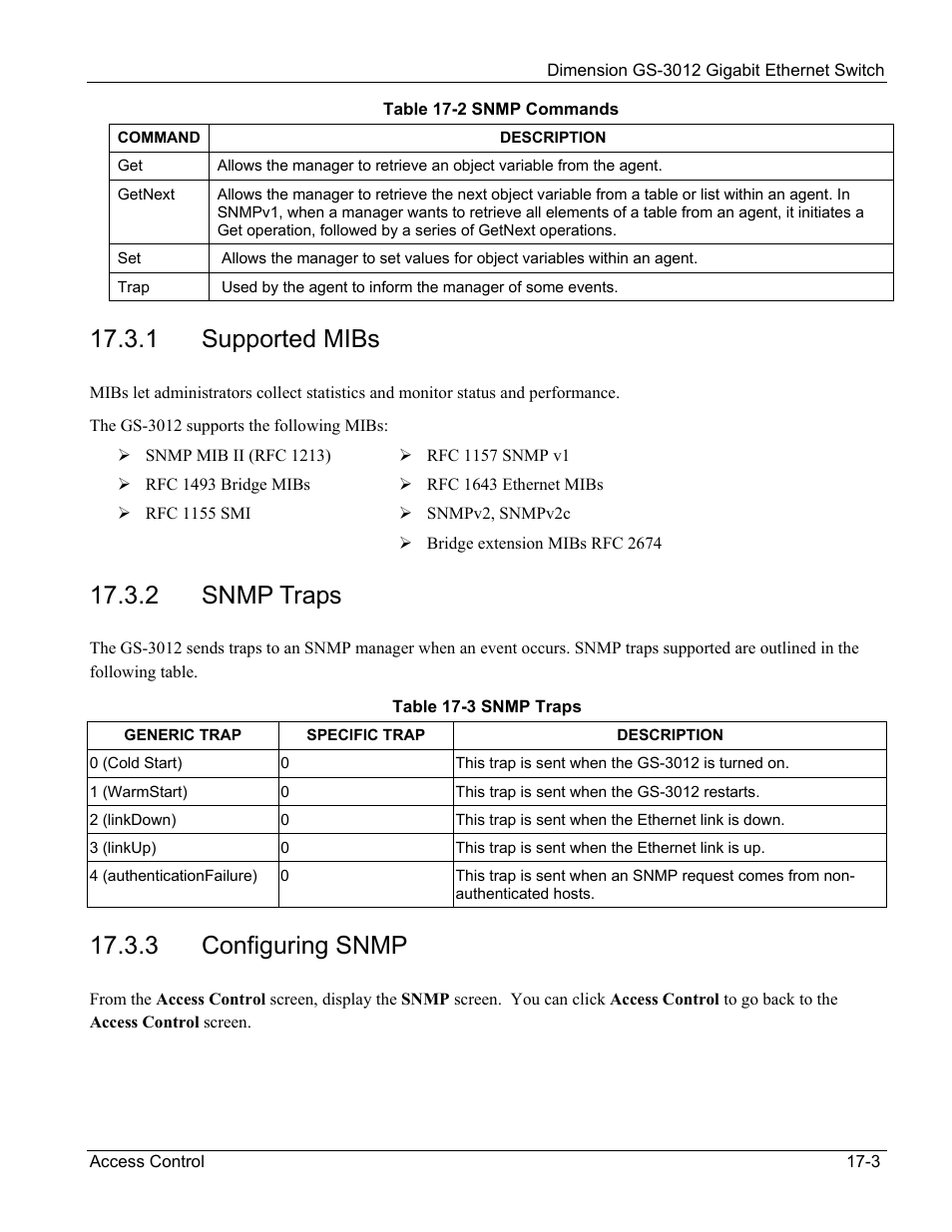 Supported mibs, Snmp traps, Configuring snmp | 1 supported mibs, 2 snmp traps, 3 configuring snmp | ZyXEL Communications GS-3012 User Manual | Page 121 / 234