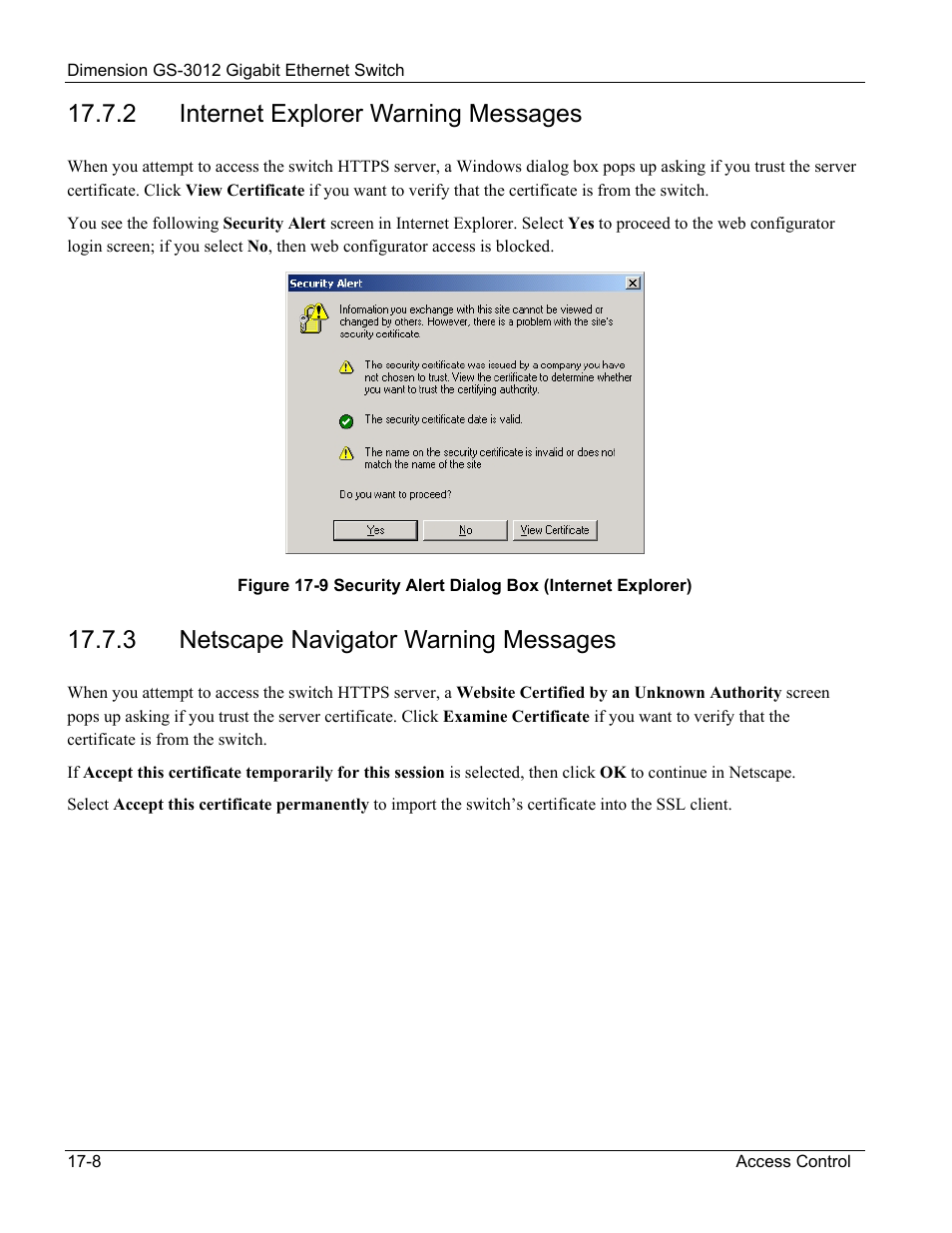 Internet explorer warning messages, Netscape navigator warning messages, 2 internet explorer warning messages | 3 netscape navigator warning messages | ZyXEL Communications GS-3012 User Manual | Page 126 / 234