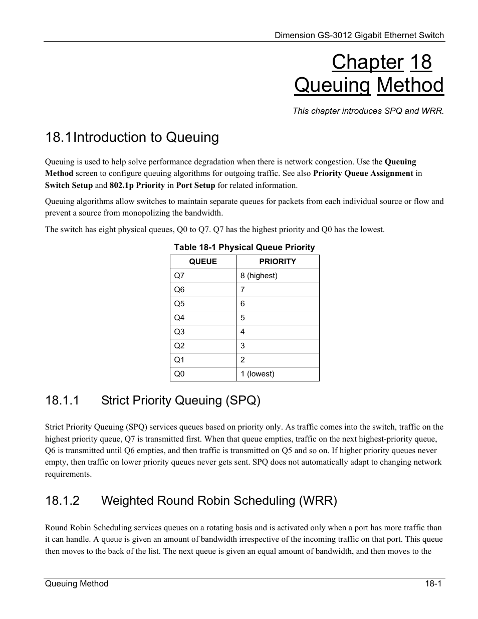 Strict priority queuing (spq), Weighted round robin scheduling (wrr), Chapter 18 queuing method | 1 introduction to queuing, 1 strict priority queuing (spq), 2 weighted round robin scheduling (wrr) | ZyXEL Communications GS-3012 User Manual | Page 131 / 234
