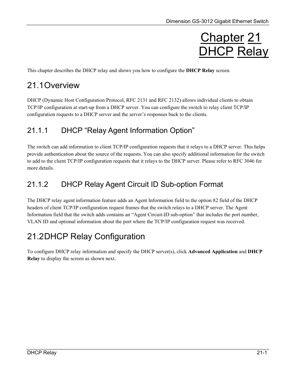 Dhcp “relay agent information option, Dhcp relay agent circuit id sub-option format, Chapter 21 dhcp relay | 1 overview, 2 dhcp relay configuration | ZyXEL Communications GS-3012 User Manual | Page 147 / 234