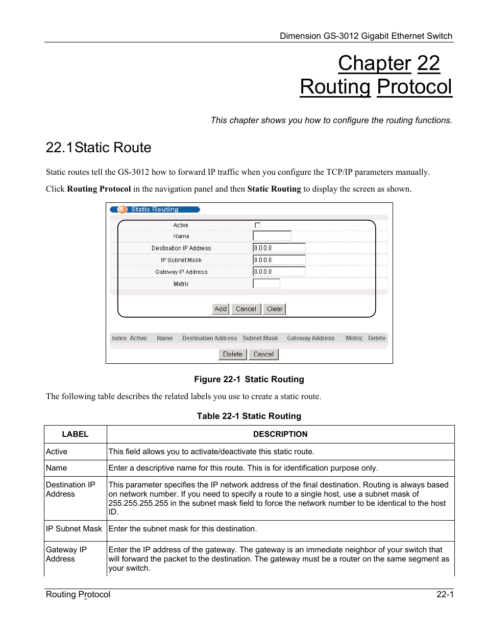 Chapter 22 routing protocol, 1 static route | ZyXEL Communications GS-3012 User Manual | Page 151 / 234