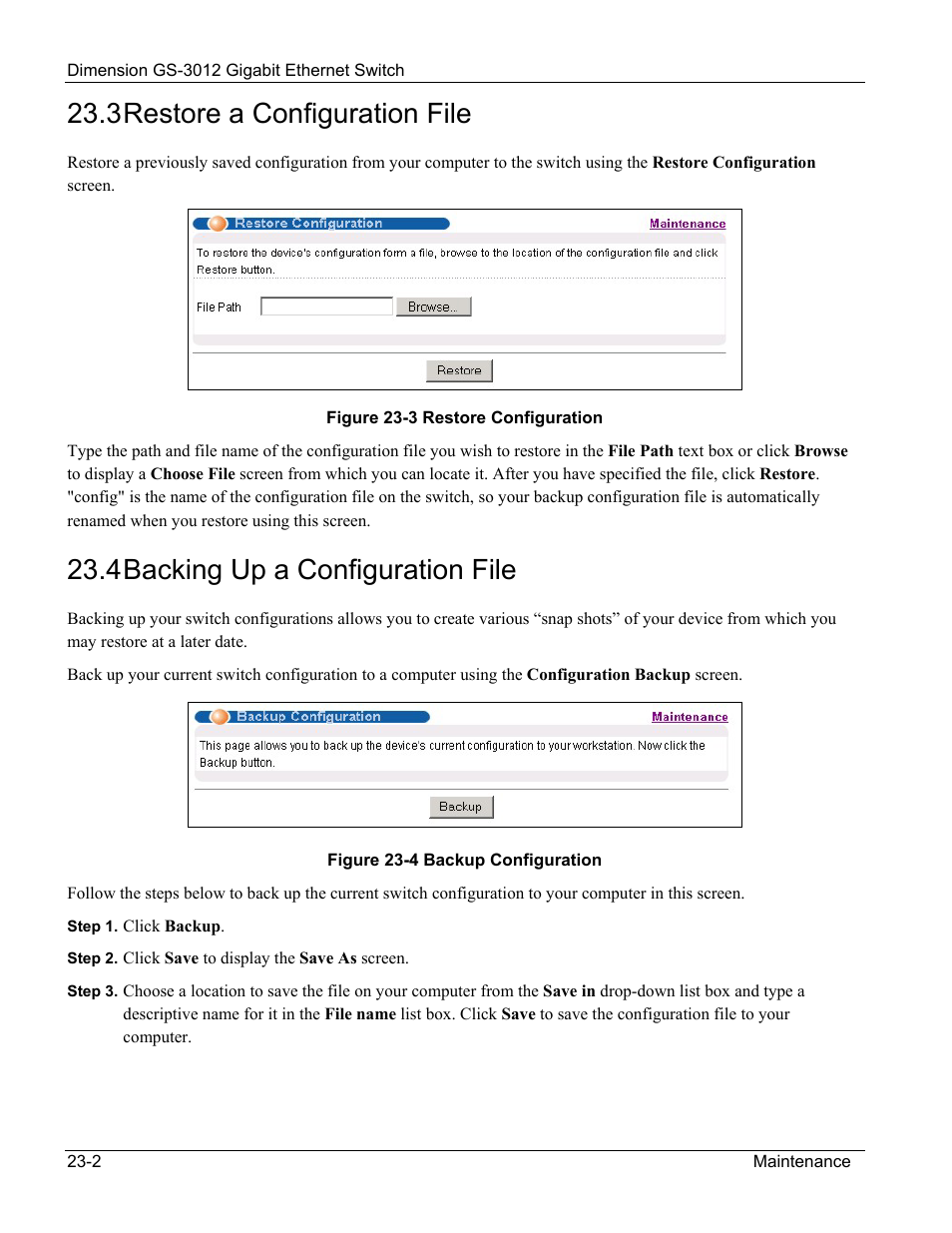 3 restore a configuration file, 4 backing up a configuration file | ZyXEL Communications GS-3012 User Manual | Page 154 / 234