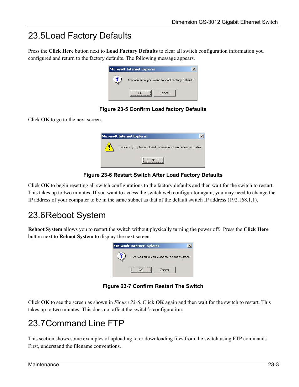 5 load factory defaults, 6 reboot system, 7 command line ftp | ZyXEL Communications GS-3012 User Manual | Page 155 / 234