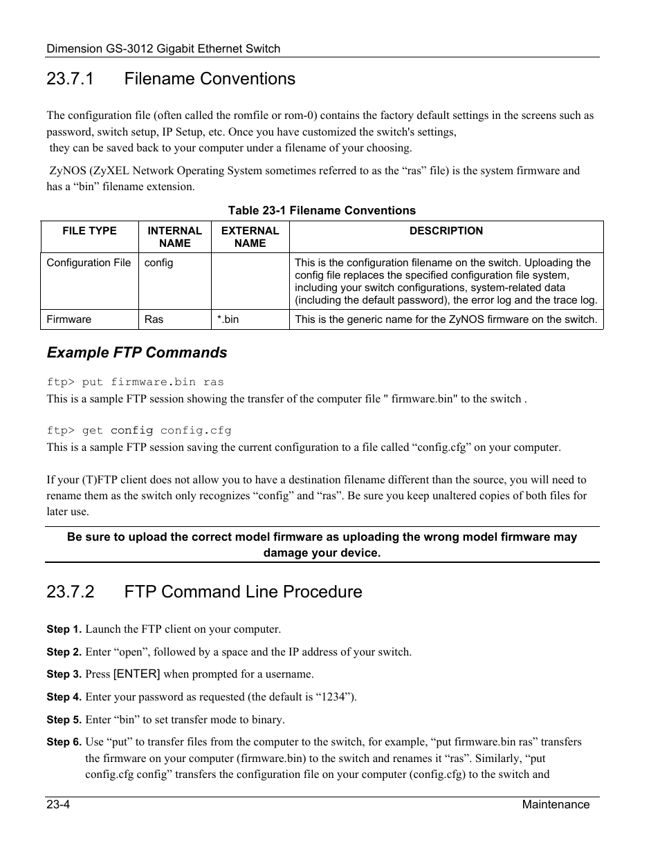 Filename conventions, Ftp command line procedure, 1 filename conventions | 2 ftp command line procedure, Example ftp commands | ZyXEL Communications GS-3012 User Manual | Page 156 / 234