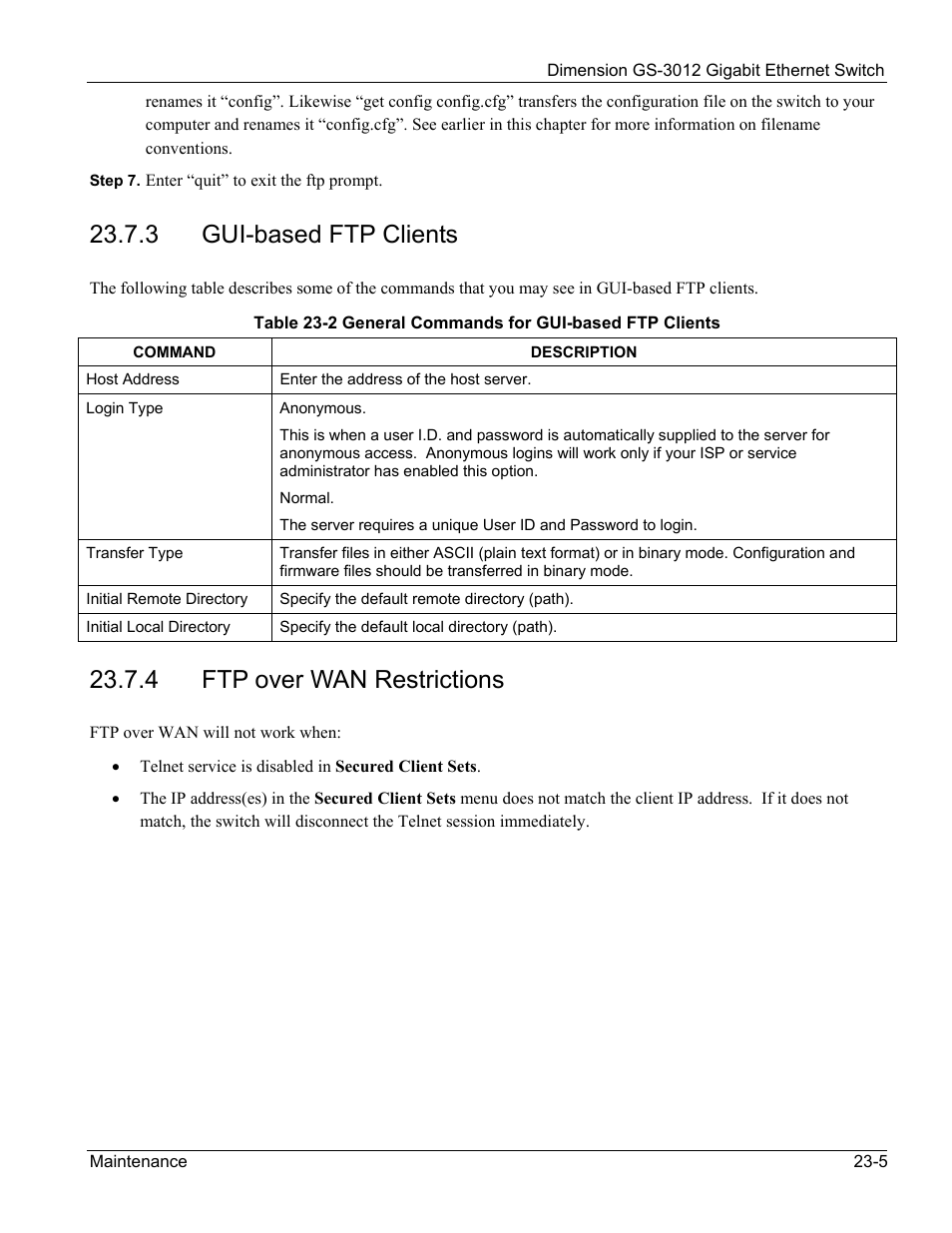 Gui-based ftp clients, Ftp over wan restrictions, 3 gui-based ftp clients | 4 ftp over wan restrictions | ZyXEL Communications GS-3012 User Manual | Page 157 / 234