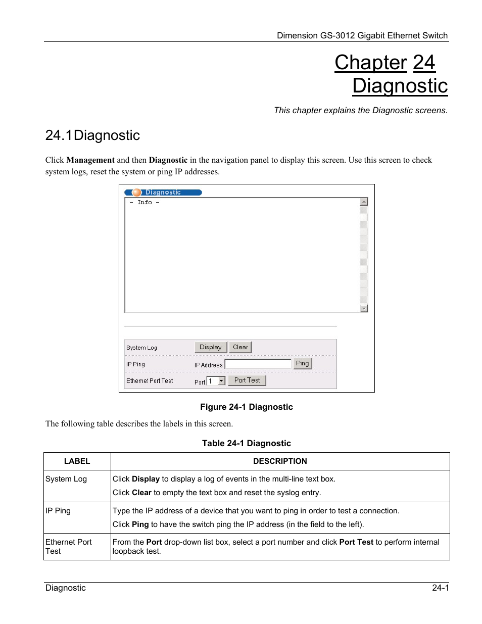 Chapter 24 diagnostic, 1 diagnostic | ZyXEL Communications GS-3012 User Manual | Page 159 / 234