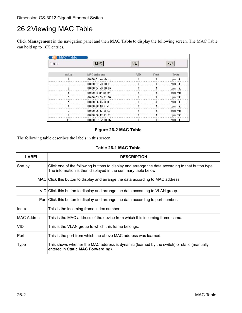 2 viewing mac table | ZyXEL Communications GS-3012 User Manual | Page 168 / 234