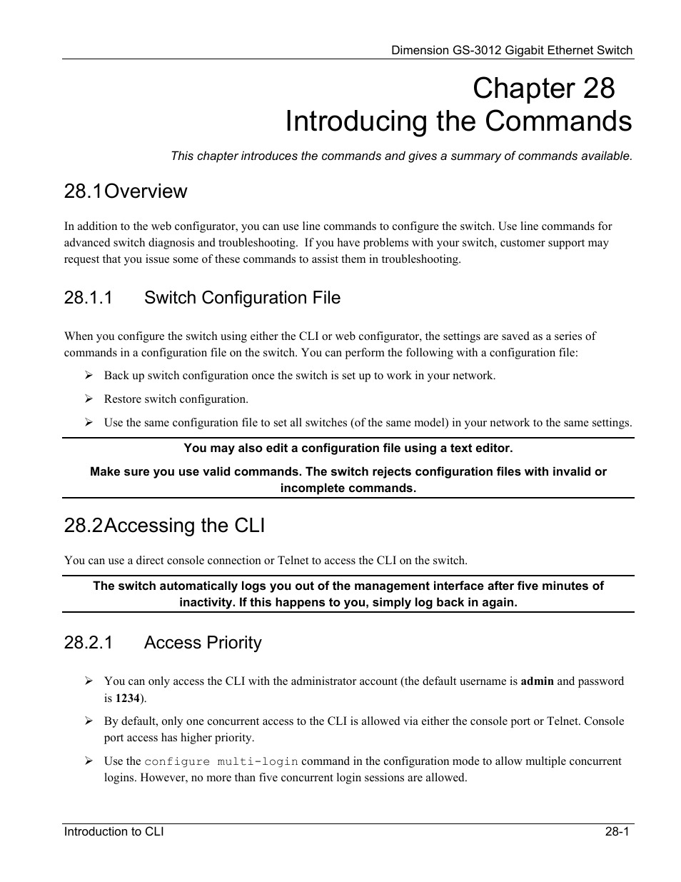 Switch configuration file, Access priority, Chapter 28 introducing the commands | 1 overview, 2 accessing the cli, 1 switch configuration file, 1 access priority | ZyXEL Communications GS-3012 User Manual | Page 173 / 234