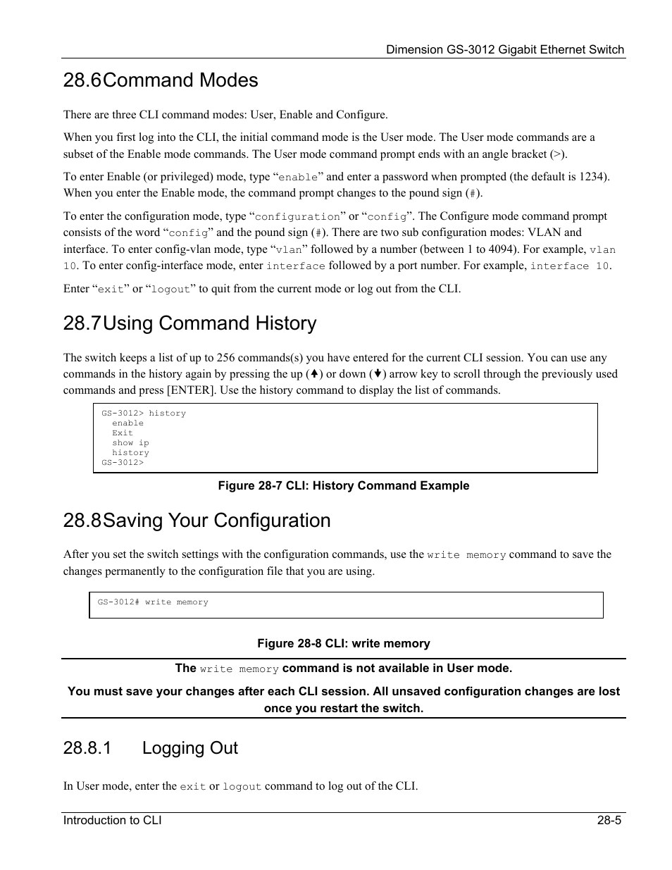 Logging out, 6 command modes, 7 using command history | 8 saving your configuration, 1 logging out | ZyXEL Communications GS-3012 User Manual | Page 177 / 234