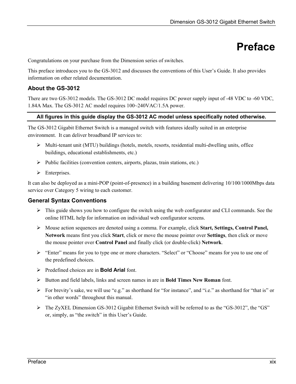 Preface | ZyXEL Communications GS-3012 User Manual | Page 19 / 234